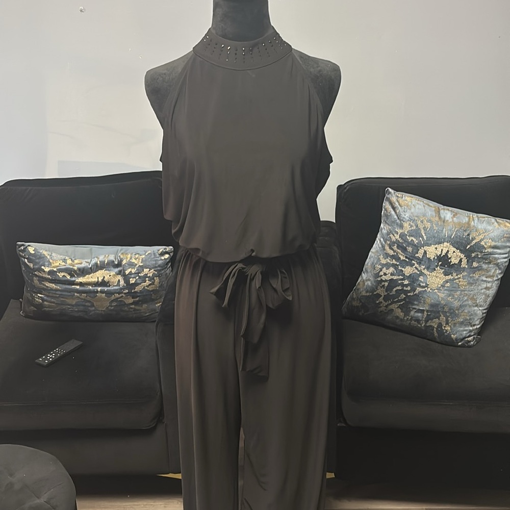 Nine West Maxi Jumpsuit. Black Halter Sequin-neck sleeveless belted stretchy